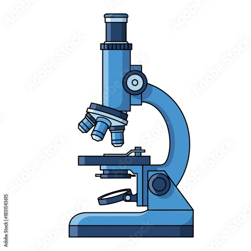 Detailed illustration of a blue microscope laboratory analysis and scientific instrument equipment