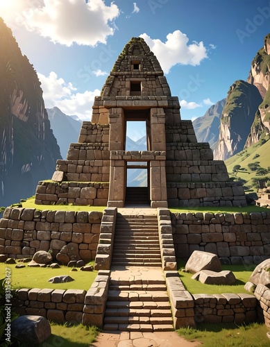 Ancient stone temple amidst lush greenery and towering mountains under a bright blue sky with fluffy white clouds, bathed in sunlight