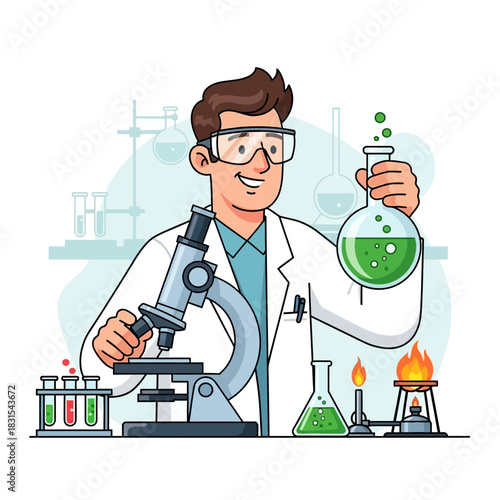 Illustration of a scientist conducting a chemical experiment in a modern laboratory