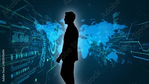 Man silhouette walks before digital world map and interface graphics