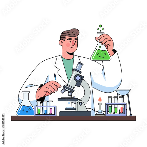 Scientist meticulously examining green liquid with microscope in lab setting attentively