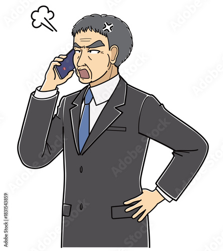 スマートフォンで電話しながら怒っているスーツの中年男性（上半身）