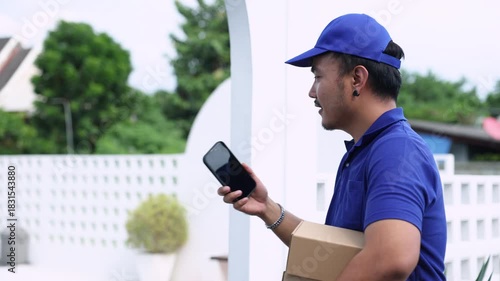 Delivery man handing parcel boxes to Asian customer woman at house gate, friendly courier representing reliable logistics, customer satisfaction, and small business delivery service partnership
