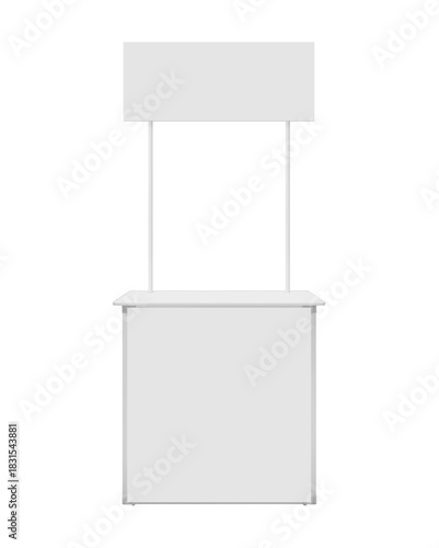 Empty Mock up Prefabricated table or counter with horizontal sign for displaying products and services outside the venue isolated on white background