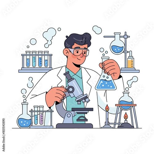 Scientist in Lab Coat Conducting Scientific Experiment with Glassware and Microscope in the