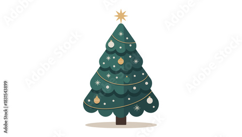 Festive Evergreen: A beautifully adorned Christmas tree, ready to bring festive cheer, decorated with ornaments and a shining star, a symbol of winter holidays.