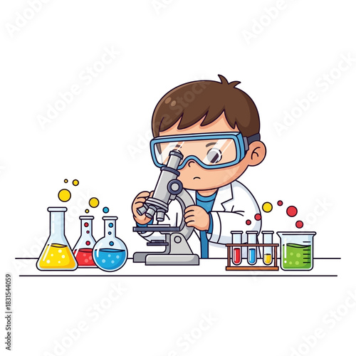 Illustration of a Young Scientist Conducting an Experiment with Microscope and Chemical Beakers