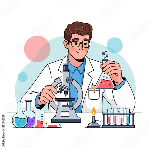 Scientist conducting a chemical experiment in a laboratory with advanced equipment and colorful