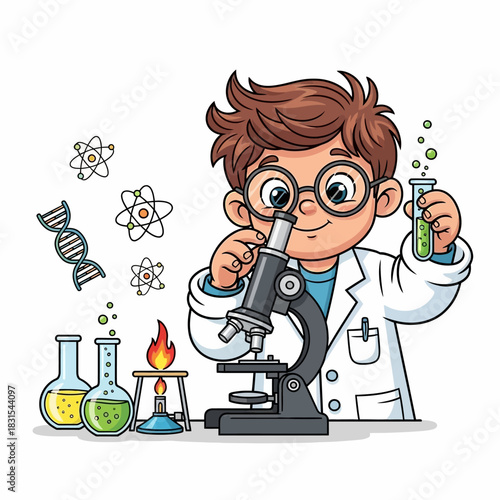 Young scientist's lab exploration in a vibrant cartoon setting showcasing scientific curiosity
