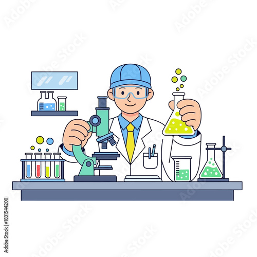 Scientist in Laboratory Conducting Experiments with Microscope and Chemical Solutions