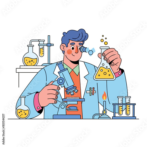 Researcher analyzing chemical substance with microscope and test tube in laboratory research