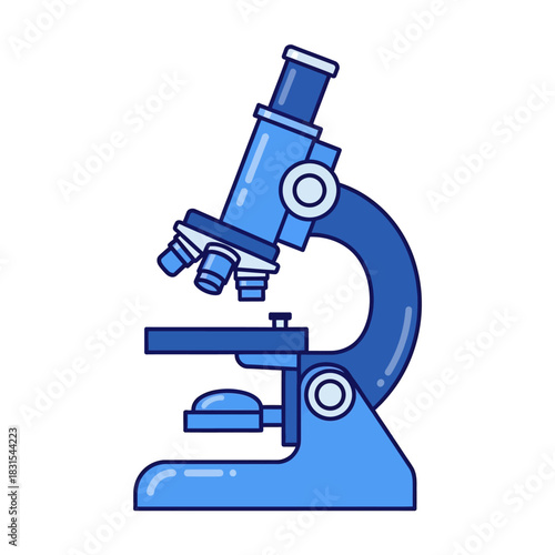 Detailed science equipment illustration depicting a blue laboratory microscope for scientific