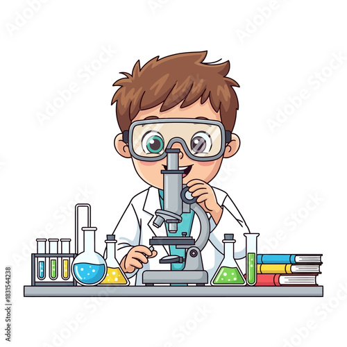 Animated young scientist engrossed in scientific research with microscope and glassware tools