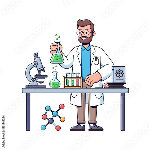 Scientist in Laboratory with Beakers, Microscope, and Molecular Structure Illustration