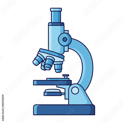 Detailed depiction of a classic microscope in light blue scientific research equipment illustration