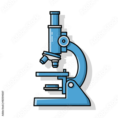 Illustration of a stylized blue microscope against a white background for scientific research