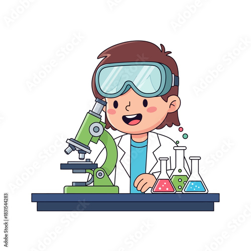 Enthusiastic cartoon scientist exploring with microscope in laboratory setting, for education and