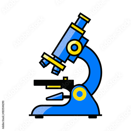 Simplified blue microscope illustration with yellow accents for scientific learning and research