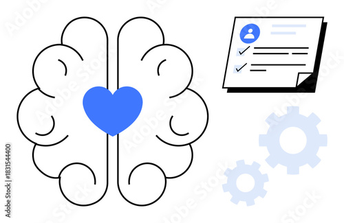 Brain with heart symbol, checklist document, and gears illustrating emotional intelligence, organization, and teamwork. Ideal for mental health, innovation, productivity, education creativity