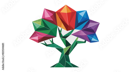 Geometric Gemstone Tree: A vibrant and modern representation of a tree, its foliage replaced by dazzling, geometrically-shaped gemstones in an array of colors, showcasing artistry and design.