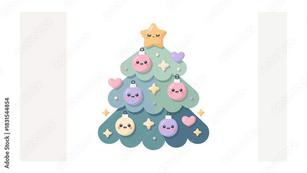 Fototapeta premium Festive Pine Tree Embellishment: Adorable pine tree adorned with cute ornaments and a star, bringing the essence of the Christmas spirit.