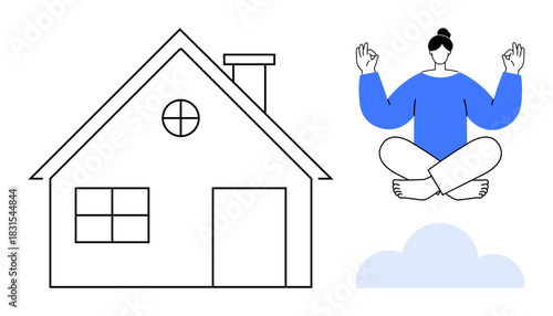 Minimalist house with windows and chimney, woman meditating in a lotus pose above a cloud. Ideal for wellness, mindfulness, home balance, mental health, peace, relaxation, simple flat metaphor