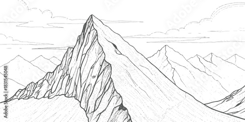 Hand drawn mountain range with rugged peaks and clouds in a serene landscape