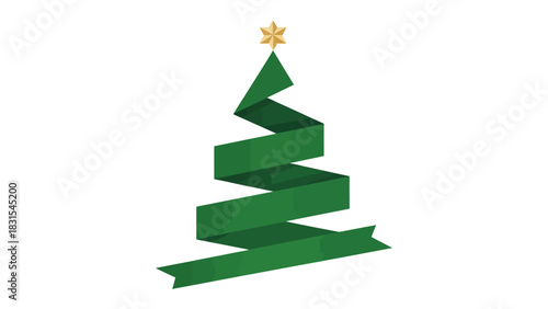 Festive Green Ribbon Tree: A minimalist depiction of a Christmas tree is crafted from a continuous green ribbon, symbolizing the spirit of the season. Atop the tree, a gold star gleams.