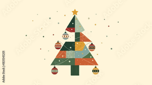 Scandinavian inspired retro Christmas illustration with a minimalist geometric tree using simple blocks and textured lines