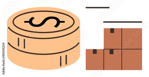 Stacked coins with a dollar sign beside stacked shipping boxes indicate commerce, trade, supply chain, savings, investment, shipping, and e-commerce. Ideal for business and logistics concepts, simple