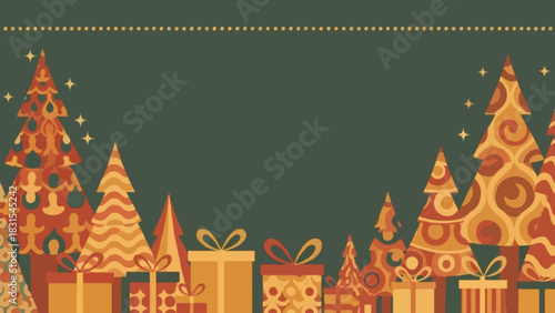 70s retro Christmas frame with groovy patterned trees, rounded-edge gift boxes, warm mustard and rust tones, small dotted sparkles at the upper edge