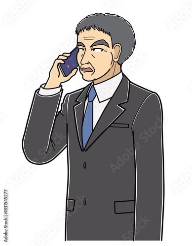 スマートフォンで電話しているスーツの中年男性（上半身）