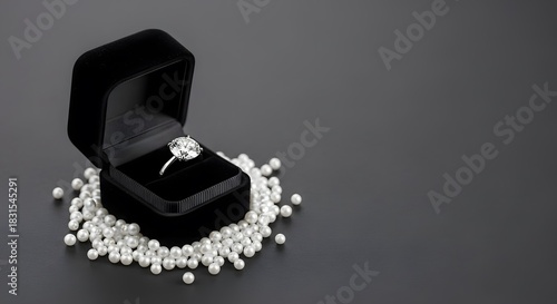 Elegant diamond ring in black velvet box surrounded by pearls on dark background