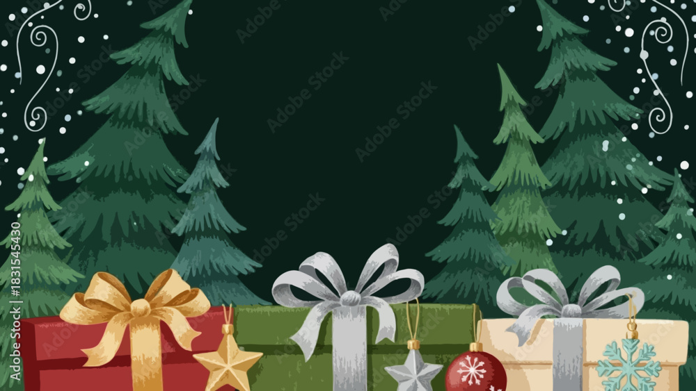 Fototapeta premium Playful winter greeting card scene with hand-drawn style pine trees on both sides