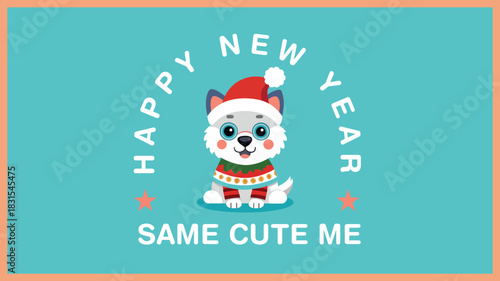 Cute cartoon dog wearing a Santa hat and sweater for Happy New Year