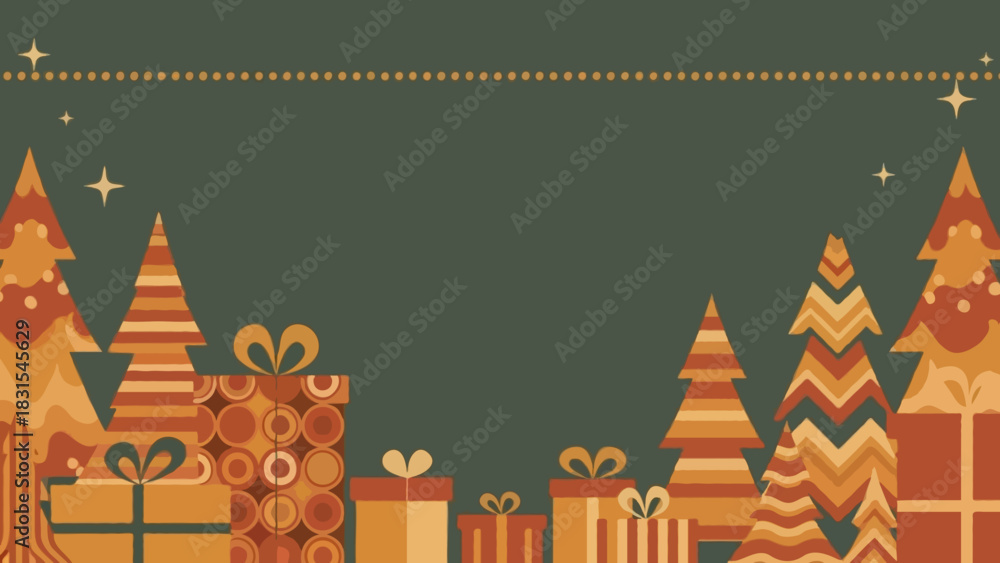 Obraz premium 70s retro Christmas frame with groovy patterned trees, rounded-edge gift boxes, warm mustard and rust tones, small dotted sparkles at the upper edge