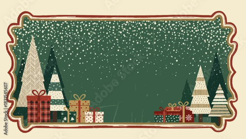 Classic vintage Christmas frame with hand-textured geometric trees
