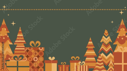 70s retro Christmas frame with groovy patterned trees, rounded-edge gift boxes, warm mustard and rust tones, small dotted sparkles at the upper edge