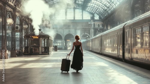 Woman in black dress walks with suitcase in vintage train station during early morning light, BackView of Woman in Black Dress Walking with Suitcase at Station Waiting for Train or Plane