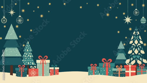 Cozy Christmas frame illustration featuring two stylized pine trees with textured geometric patterns on both sides