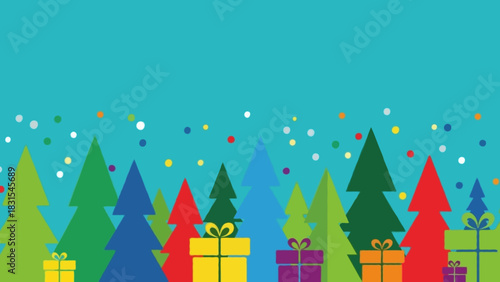 Ultra flat modern Christmas border featuring simplified triangle trees with bold color blocks