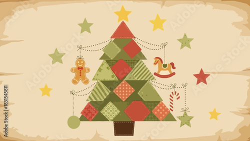 Patchwork-style retro Christmas tree composed of stitched-looking fabric textures, quirky ornaments hanging on thin dotted strings, festive stars sprinkled across the scene
