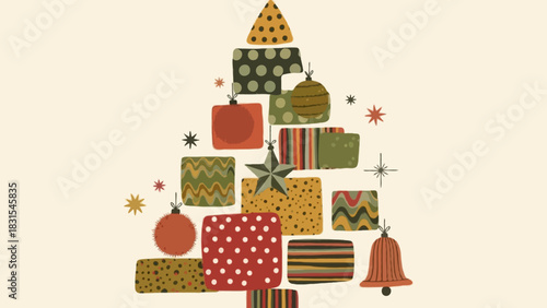 Retro holiday illustration featuring a stylized Christmas tree built from uneven geometric blocks with mixed patterns