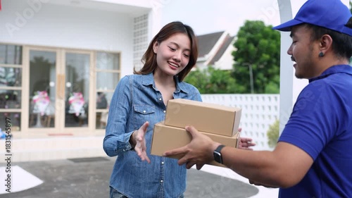 Deliveryman handing parcels to young woman at home door, professional courier showing friendly service, fast shipping, customer satisfaction, small business online order success, delivery occupation