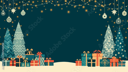 Cozy Christmas frame illustration featuring two stylized pine trees with textured geometric patterns on both sides