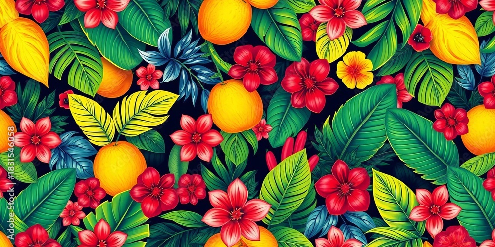Vibrant tropical foliage & fruit vector seamless summer pattern,  design,   palm