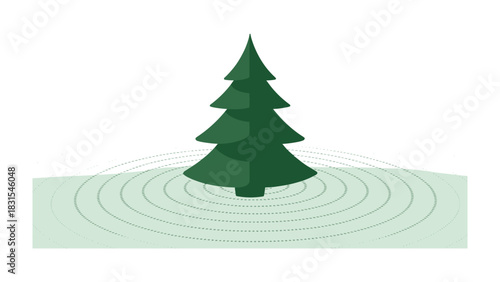 Evergreen Tree and Ripples: A stylized illustration of a evergreen tree standing firmly, radiating subtle ripples, evoking concepts of growth and the cyclical nature of life.