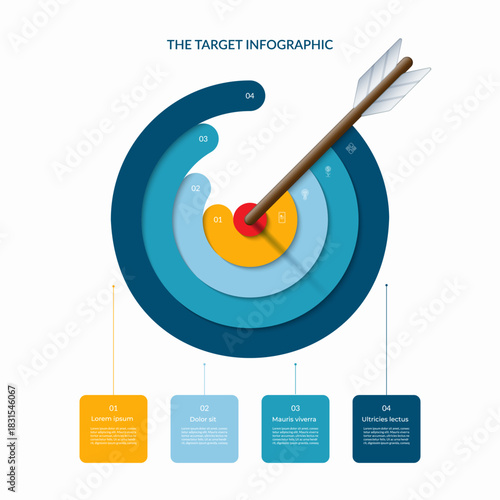Vector target infographic multi-layered bullseye design template with 4 colorful concentric rings and an arrow hitting the center. Each ring includes numbered steps, icons and matching text boxes.