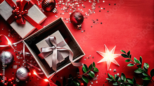toast to the new year Colorful gifts are arranged among shiny ornaments and festive decorations on a bright red backdrop