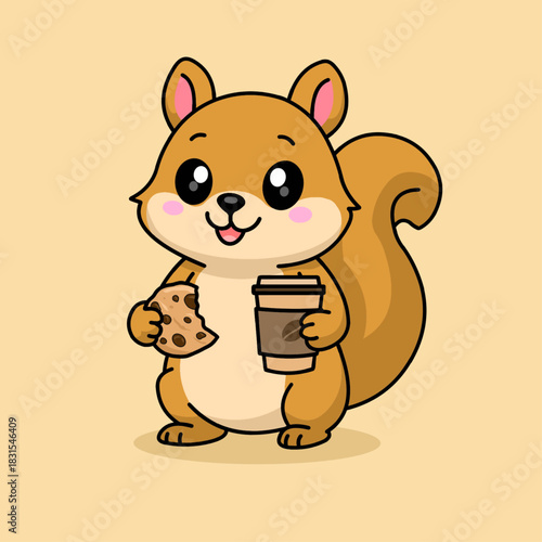 Cute Squirrel Enjoying a Cup of Coffee and Choco Chip Biscuit – Vector Illustration